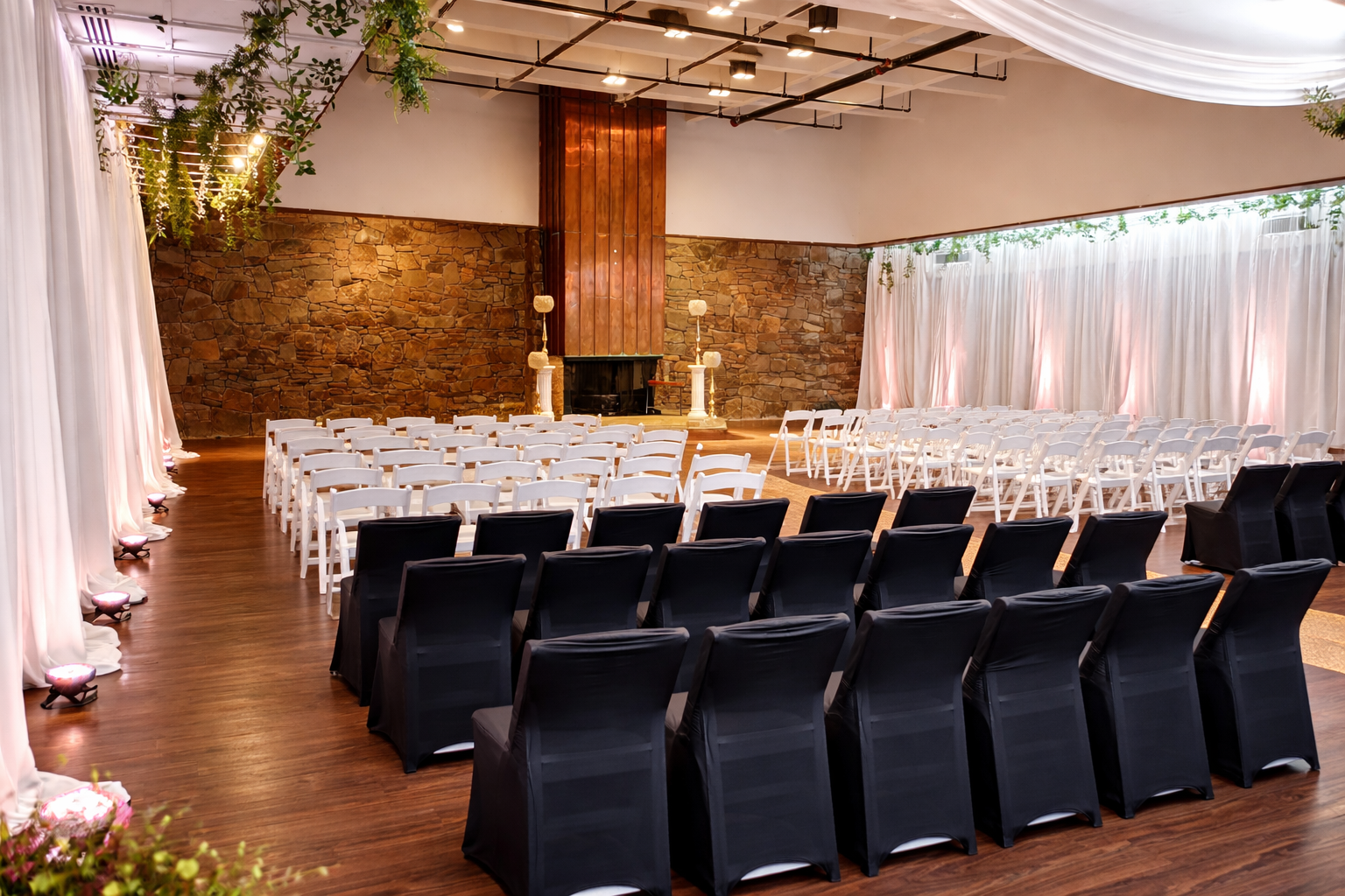 Ceremony seating arrangement across both rooms at Oasis Grand Hall