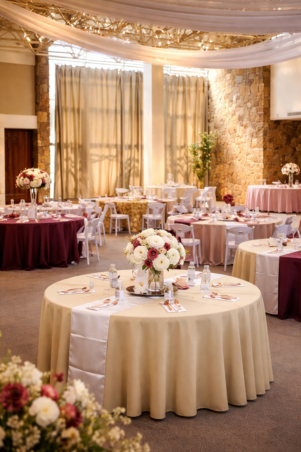 Both Rooms arranged for a daylight wedding reception with round tables, floral centerpieces, and soft draped ceiling fabric