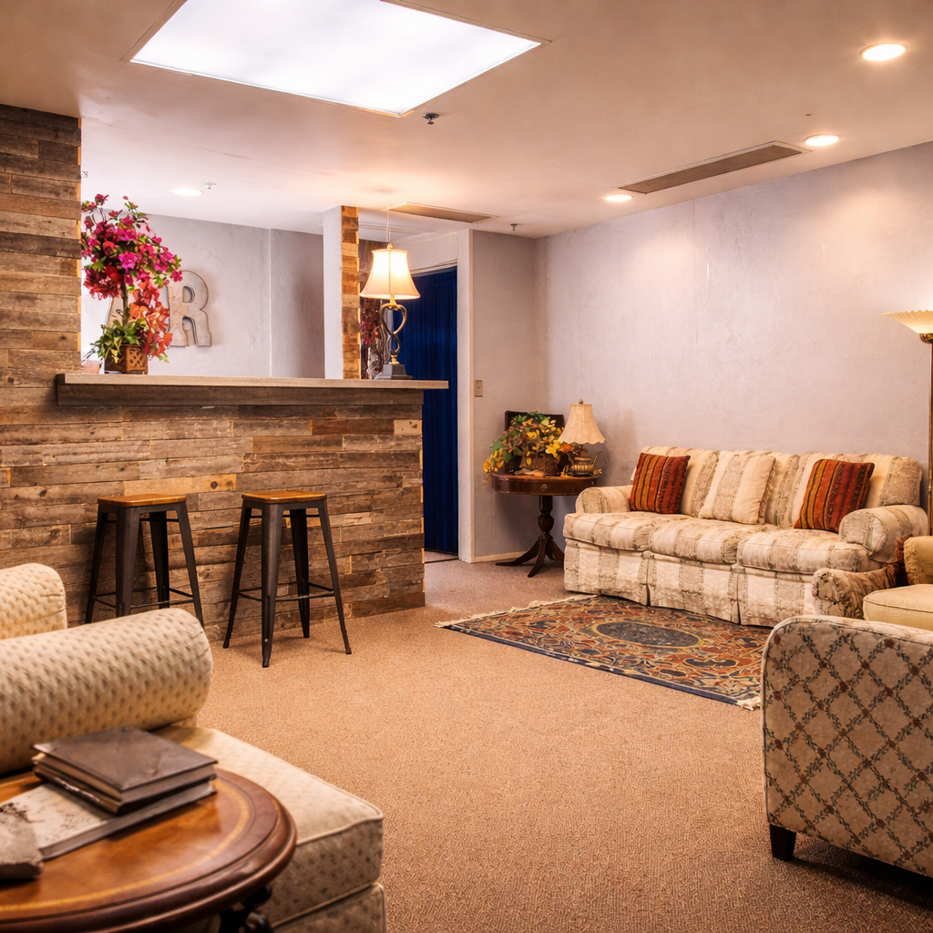 Rustic groom's room lounge with bar seating, sofa, and warm lighting